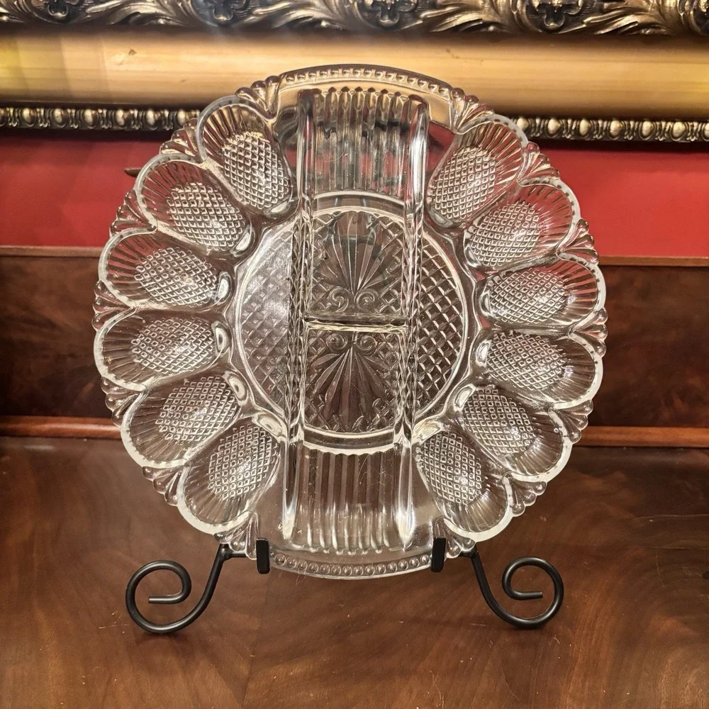 Vintage L.E. Smith Clear Glass Deviled Egg Plate Relish Tray Diamond Point 12